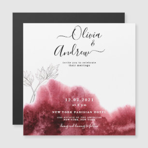 Invitación Magnética Boda acuarela botánica de rojo borgoña y plata
