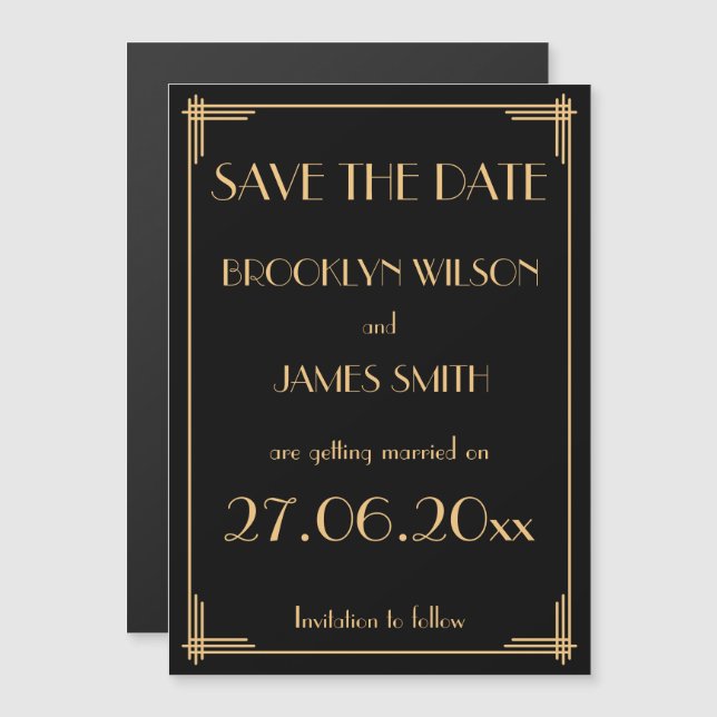 Invitación Magnética Boda Art Deco Negra Salva La Fecha (Anverso/Reverso)