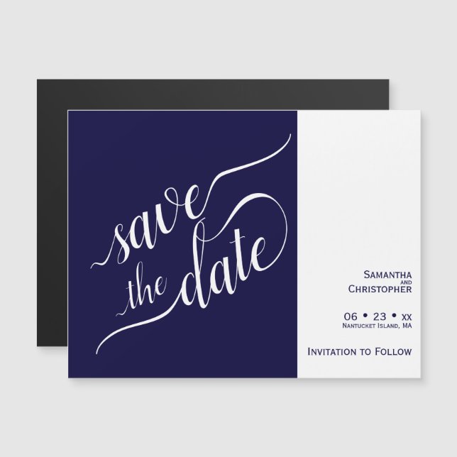 Invitación Magnética Boda azul de la marina caligráfica moderna salva l (Anverso/Reverso)