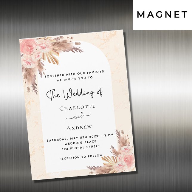 Invitación Magnética Boda boho pampas césped rosa oro lujo (Subido por el creador)