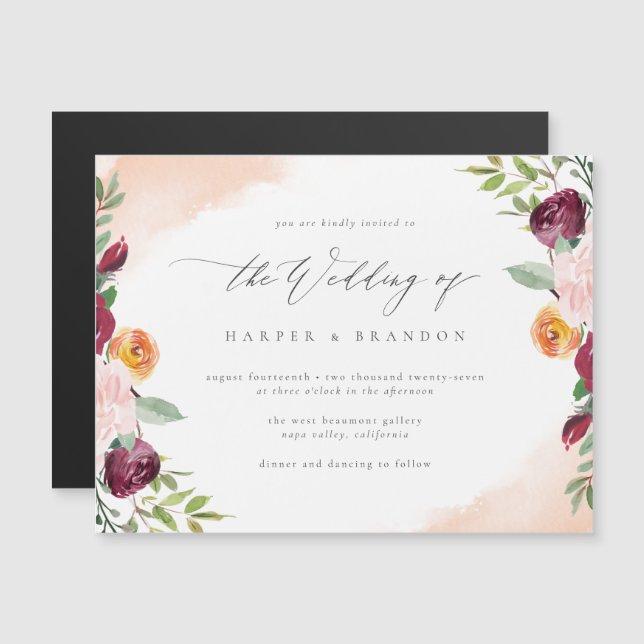 Invitación Magnética Boda Botánico Floral Rubor Burgundy Clásico (Anverso/Reverso)