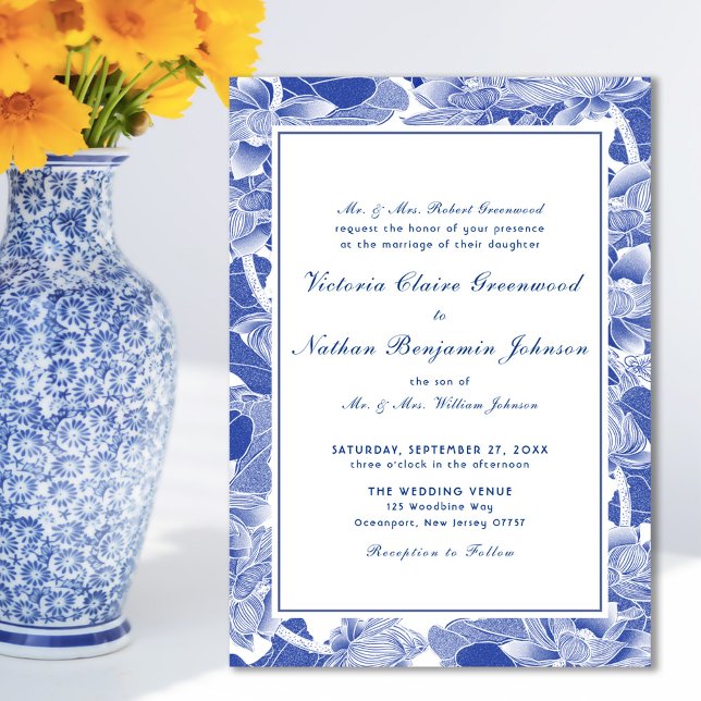 Invitación Magnética Boda Chinoiserie floral clásica azul y blanco (Subido por el creador)