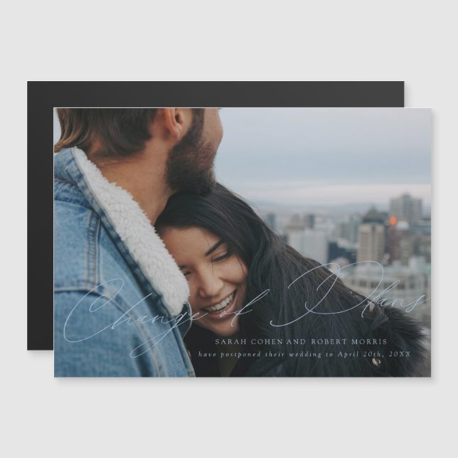 Invitación Magnética Boda con cambio de fecha en guion azul cielo (Anverso/Reverso)