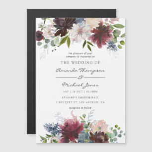 Invitación Magnética Boda con estampado acuarela de borgoña y azul mari