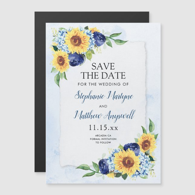 Invitación Magnética Boda de acuarela azul de hidrangea de girasol (Anverso/Reverso)