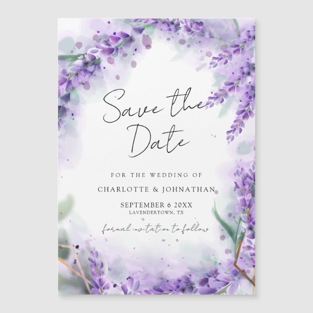 Invitación Magnética Boda de acuarela moderna de lavanda dura (Anverso)