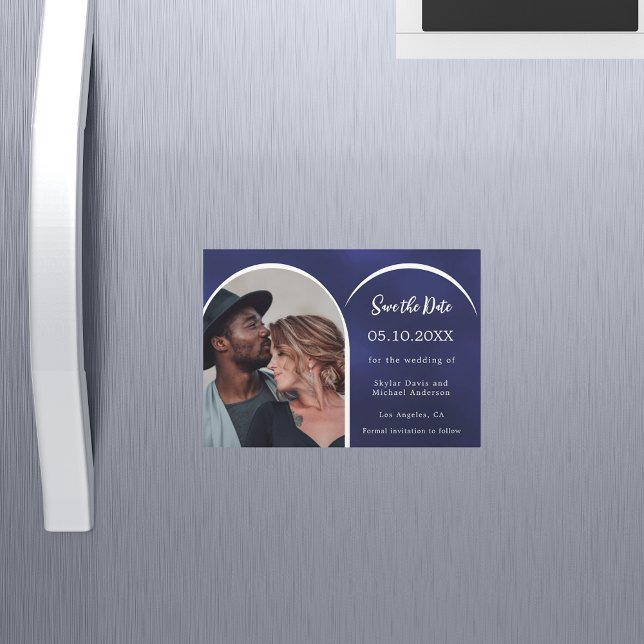 Invitación Magnética Boda de arco de fotos en blanco azul Guardar tarje (Subido por el creador)
