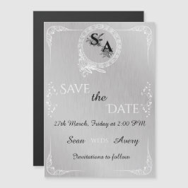 Invitación Magnética Boda de borde ornamental blanco y plateado