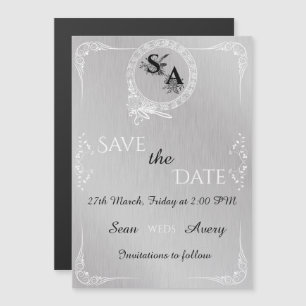 Invitación Magnética Boda de borde ornamental blanco y plateado