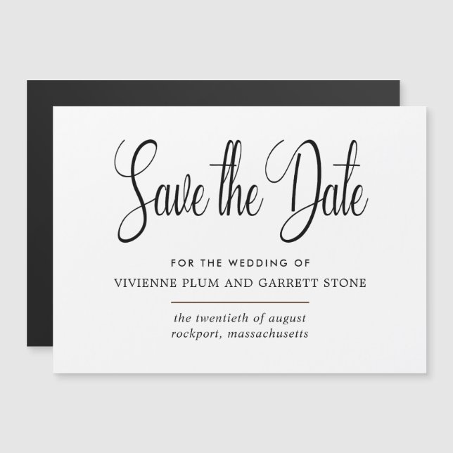 Invitación Magnética Boda de caligrafía blanca y negra salva la fecha (Anverso/Reverso)