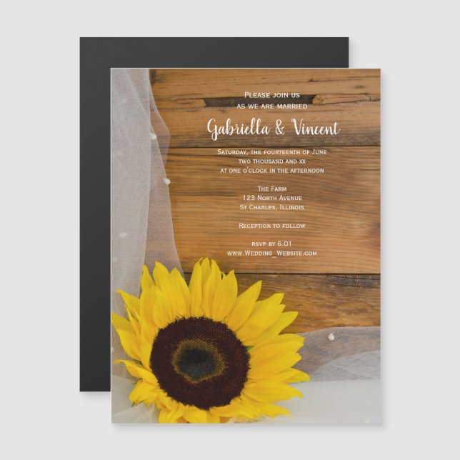Invitación Magnética Boda de campo de girasol y velo (Anverso/Reverso)