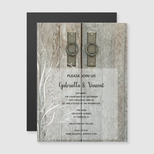 Invitación Magnética Boda de campo doble puerta de granero (Anverso/Reverso)