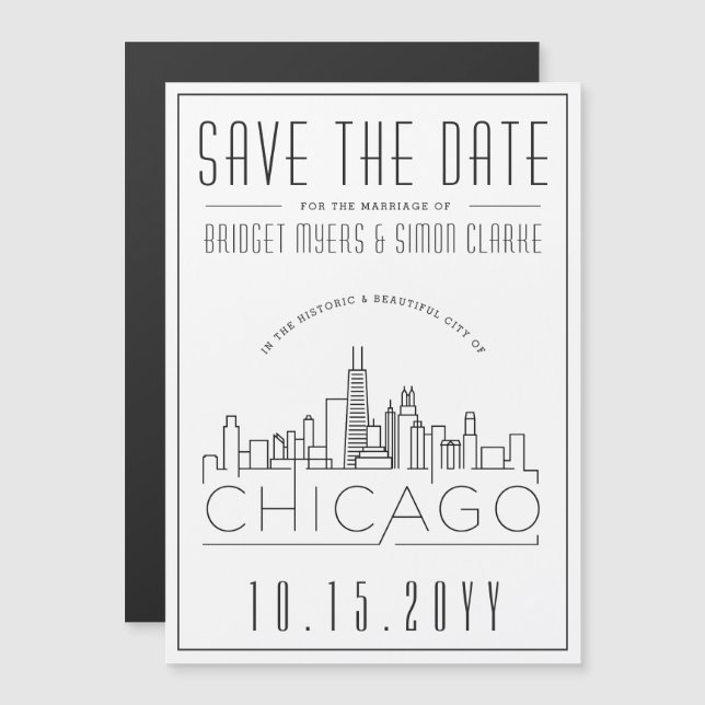 Invitación Magnética Boda de Chicago | Estilizado Skyline Guardar la fe (Anverso/Reverso)