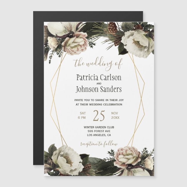 Invitación Magnética Boda de cuadro geométrico de peonías de invierno b (Anverso/Reverso)