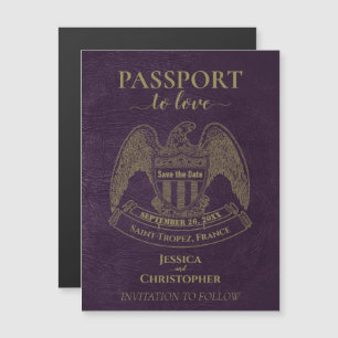 Invitación Magnética Boda de destino de Pasaporte Púrpura Guardar la fe