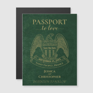 Invitación Magnética Boda de destino de pasaporte verde Guardar la fech