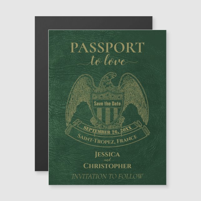 Invitación Magnética Boda de destino de pasaporte verde Guardar la fech (Anverso/Reverso)
