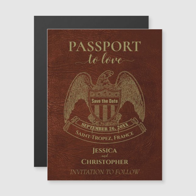 Invitación Magnética Boda de destino de Passport de naranja Guardar la  (Anverso/Reverso)