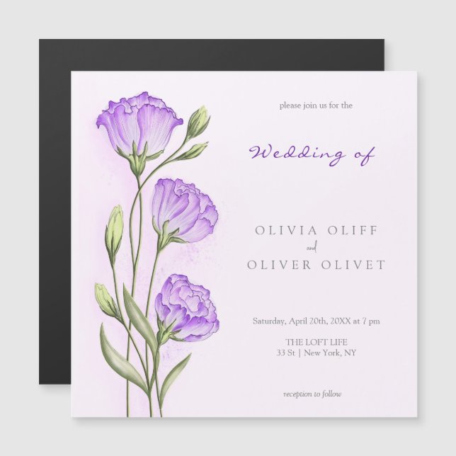 Invitación Magnética Boda de Eustomas Morados (Anverso/Reverso)