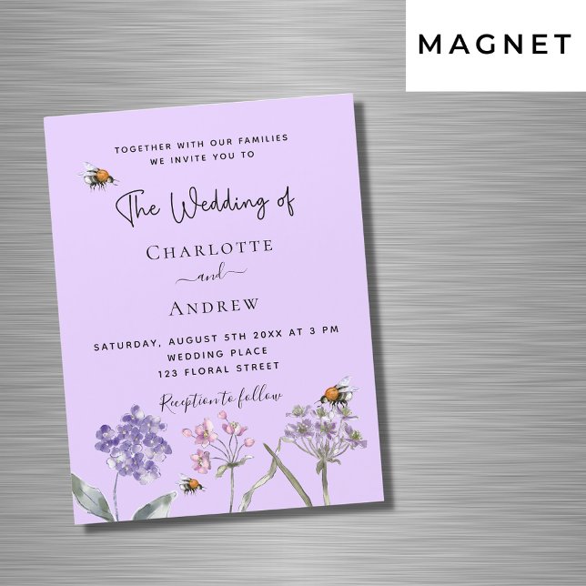Invitación Magnética Boda de flores silvestres violeta de la abeja rosa (Subido por el creador)