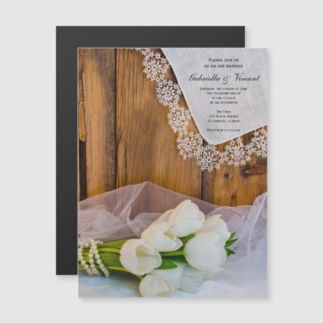 Invitación Magnética Boda de granero rústico de tulipanes blancos (Anverso/Reverso)