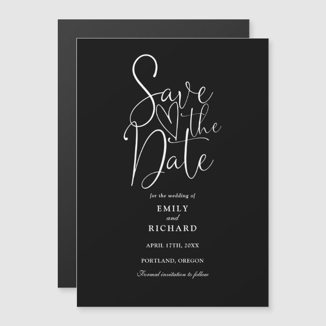 Invitación Magnética Boda De Guión Blanco Y Negro Salva La Fecha (Anverso/Reverso)