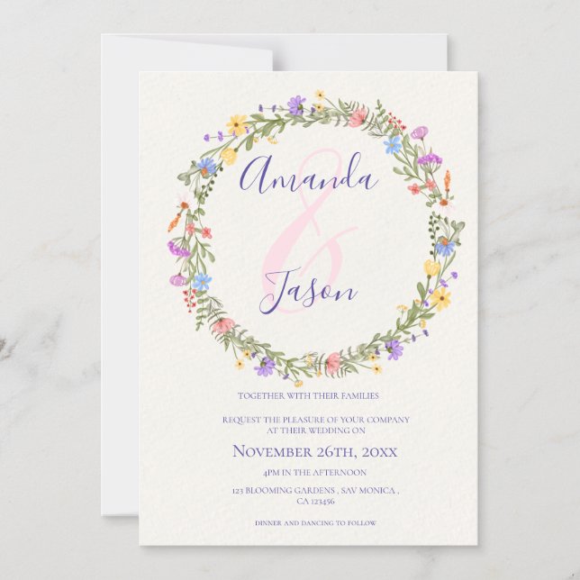Invitación Magnética Boda de guirnaldas amarillo morado (Anverso)