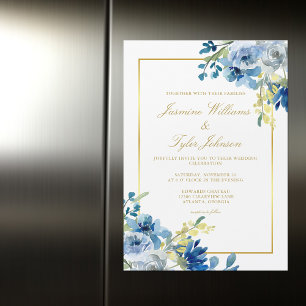 Invitación Magnética Boda de Invierno Blue Gold Floral Elegante