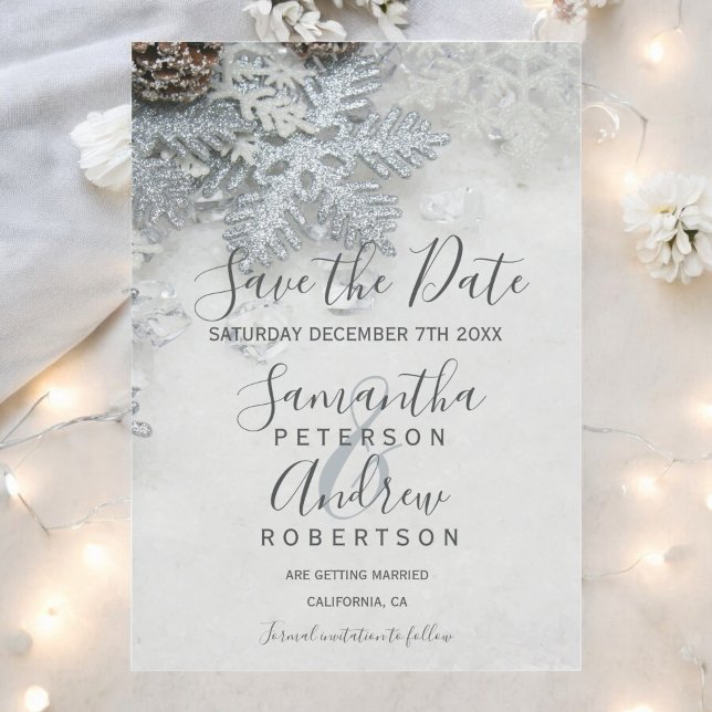 Invitación Magnética Boda de invierno con copo de nieve de plata salva  (Silver Snowflake Winter Wedding Save the Date Magnetic Invitation)