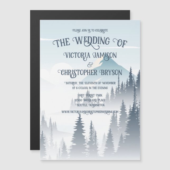 Invitación Magnética Boda de invierno de la Selva de Niebla Gris Mounta (Anverso/Reverso)