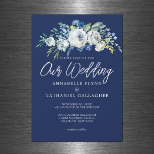 Invitación Magnética Boda de invierno elegante con flores blancas azule