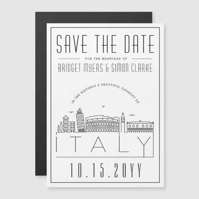 Invitación Magnética Boda de Italia | Estilizado Skyline Guardar la fec (Anverso/Reverso)