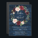 Invitación Magnética Boda de la guirnalda de color azul borgoña Rubor<br><div class="desc">El diseño presenta un fondo de madera de granero azul marino para la textura con una hermosa cortina acuarela en tonos marinos, verde, rosa rubor, Marsala, borgoña y más. La Wreath también cuenta con vegetación, eucalipto, elementos rosas de peones y mucho más. El texto blanco y una tipografía moderna de...</div>