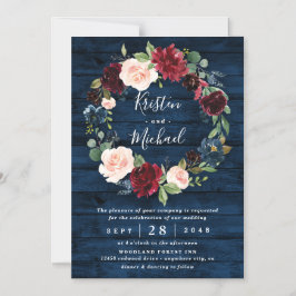 Invitación Magnética Boda de la guirnalda de color azul borgoña Rubor