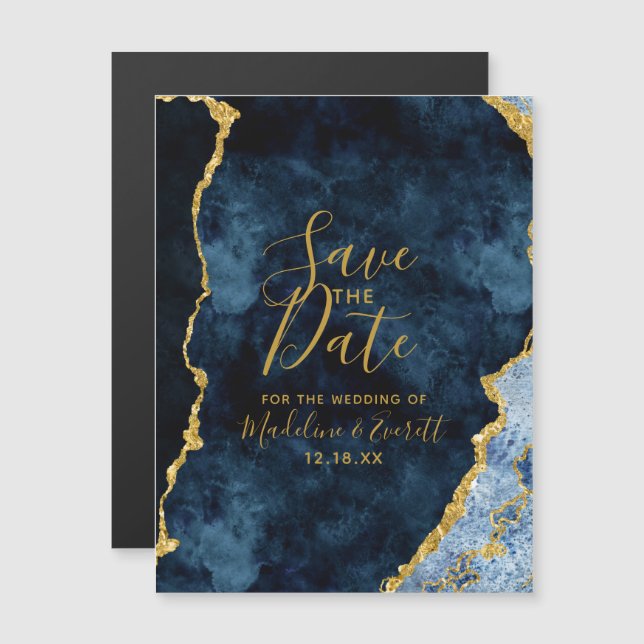 Invitación Magnética Boda de la Marina Azul de Relieve metalizado dorad (Anverso/Reverso)