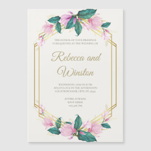 Invitación Magnética Boda de la vegetación floral rosa y dorada