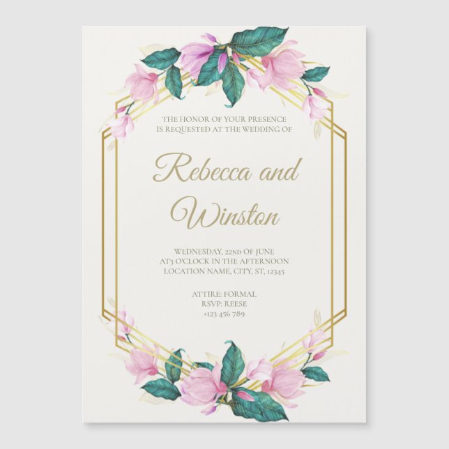 Invitación Magnética Boda de la vegetación floral rosa y dorada (Anverso)