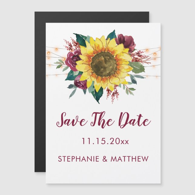 Invitación Magnética Boda De Las Luces Rústicas Del Girasol Salven La F (Anverso/Reverso)