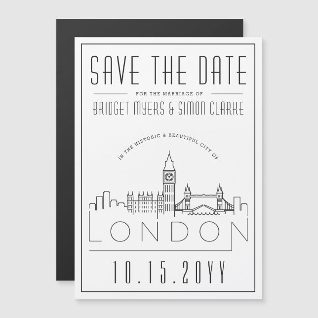 Invitación Magnética Boda de Londres | Estilizado Skyline Guardar la fe (Anverso/Reverso)