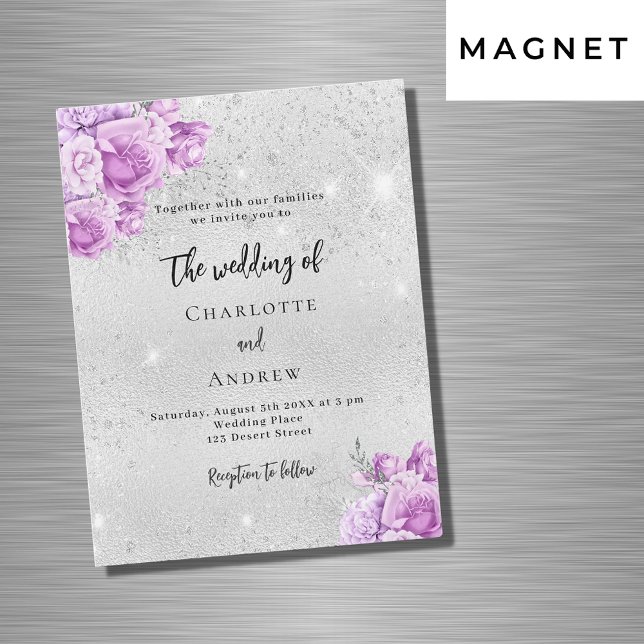 Invitación Magnética Boda de lujo de flores violeta rosadas plateadas (Subido por el creador)