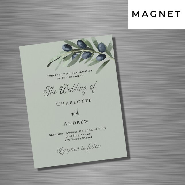 Invitación Magnética Boda de lujo de guion simple de hojas de oliva (Subido por el creador)