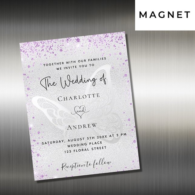Invitación Magnética Boda de lujo de mariposa morada plateada (Subido por el creador)