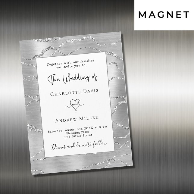 Invitación Magnética Boda de lujo elegante y blanco plateado (Subido por el creador)