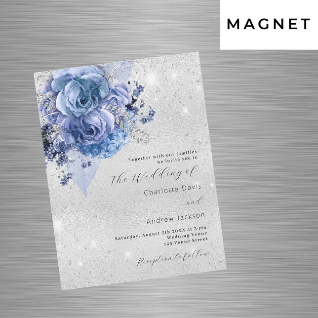 Invitación Magnética Boda de lujo florines azules plateados (Subido por el creador)