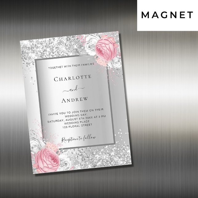 Invitación Magnética Boda de lujo florines blancos rosados plateados (Subido por el creador)