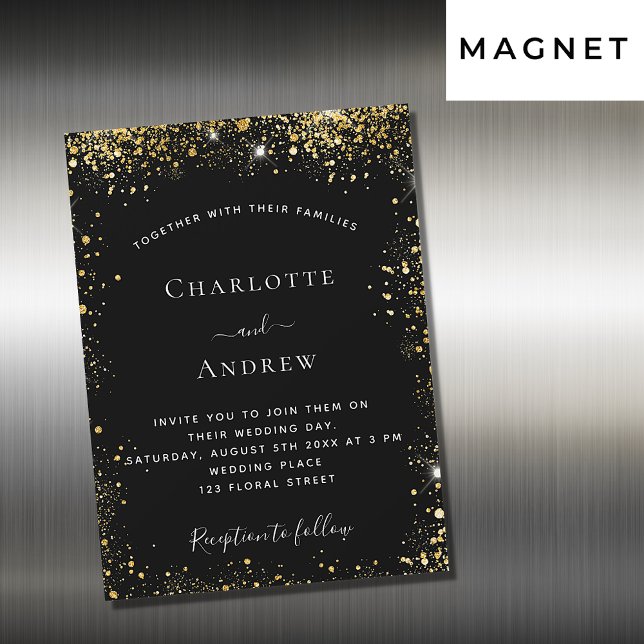 Invitación Magnética Boda de lujo purpurina de oro negro (Subido por el creador)