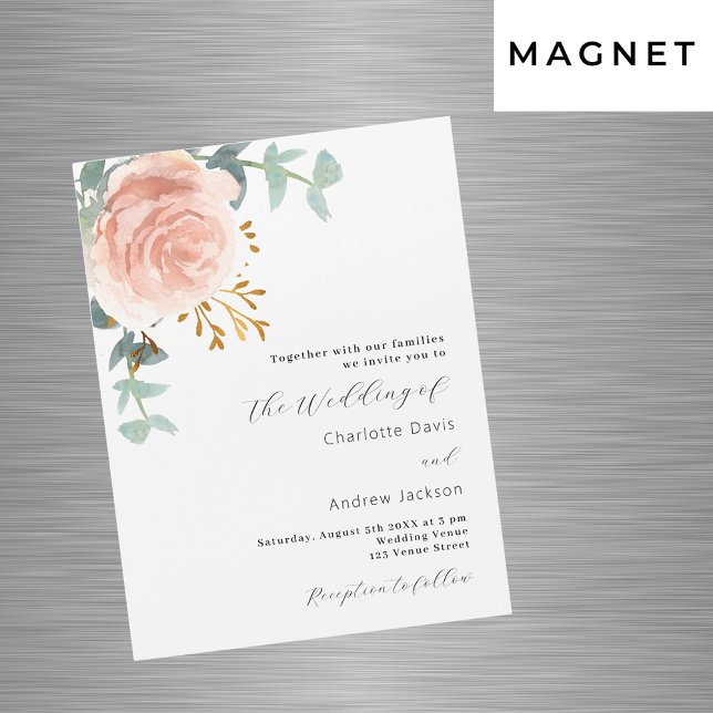Invitación Magnética boda de lujo Rosa florals de oro verde (Subido por el creador)