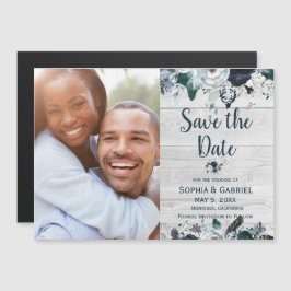 Invitación Magnética Boda de madera blanca azul marina salva la fecha