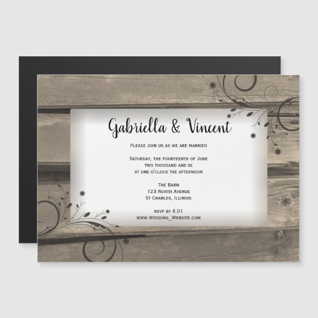 Invitación Magnética Boda de Madera y Flores de Barn Country (Anverso/Reverso)