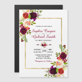 Invitación Magnética Boda de marco dorado moderno Chich Burgundy Floral